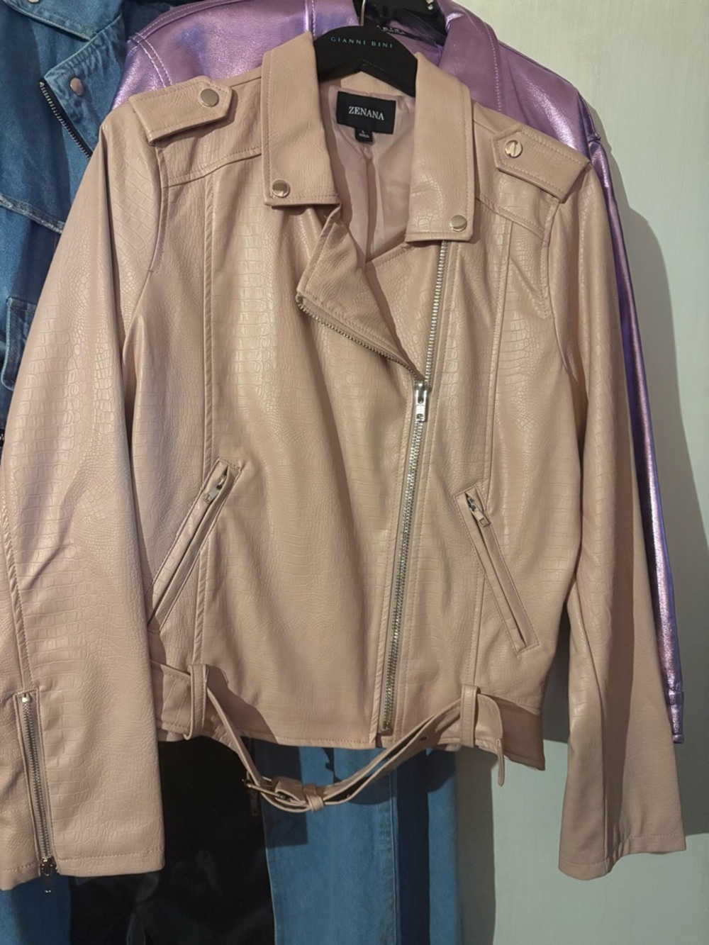 Zenana Outfitters Beige Faux Leather Moto Jacket